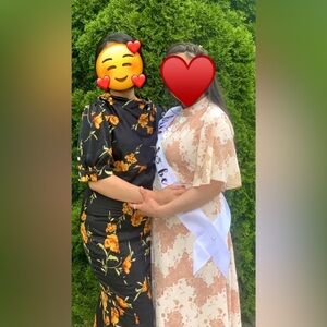 Puffy sleeve fit and flare midi dress with yellow floral designs